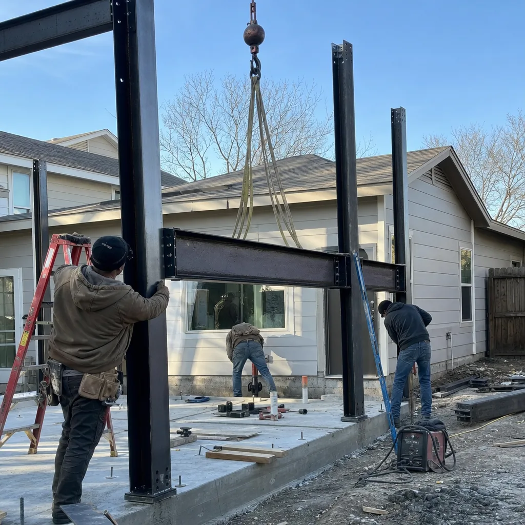 Construction workers installing steel beams for a custom accessory dwelling unit
