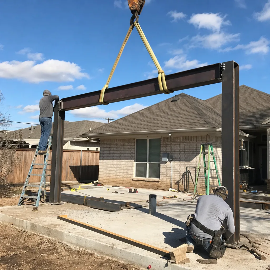 Construction workers installing steel framing for a new accessory dwelling unit.