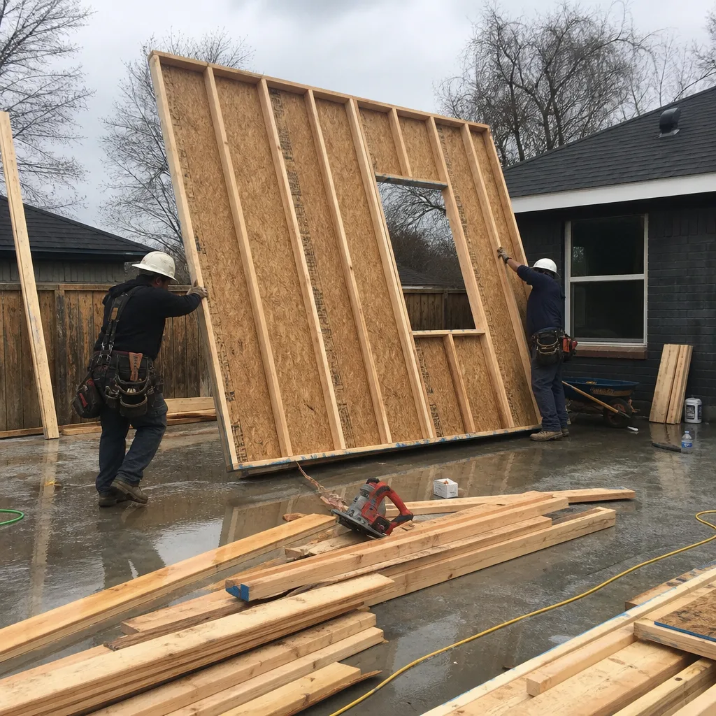 Two professional ADU builders lifting a framed wall on a job site.