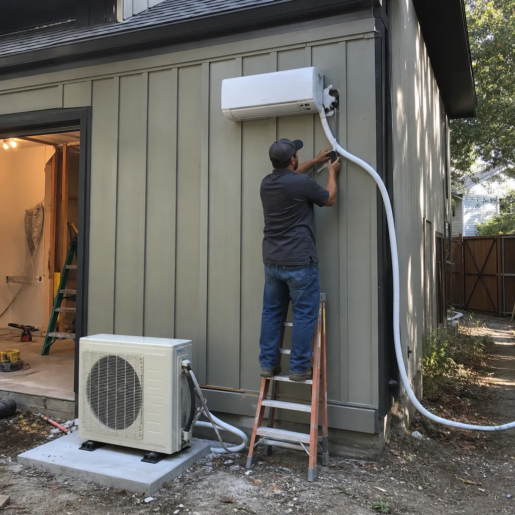 Contractor installing ductless mini-split HVAC unit on a garage conversion exterior.