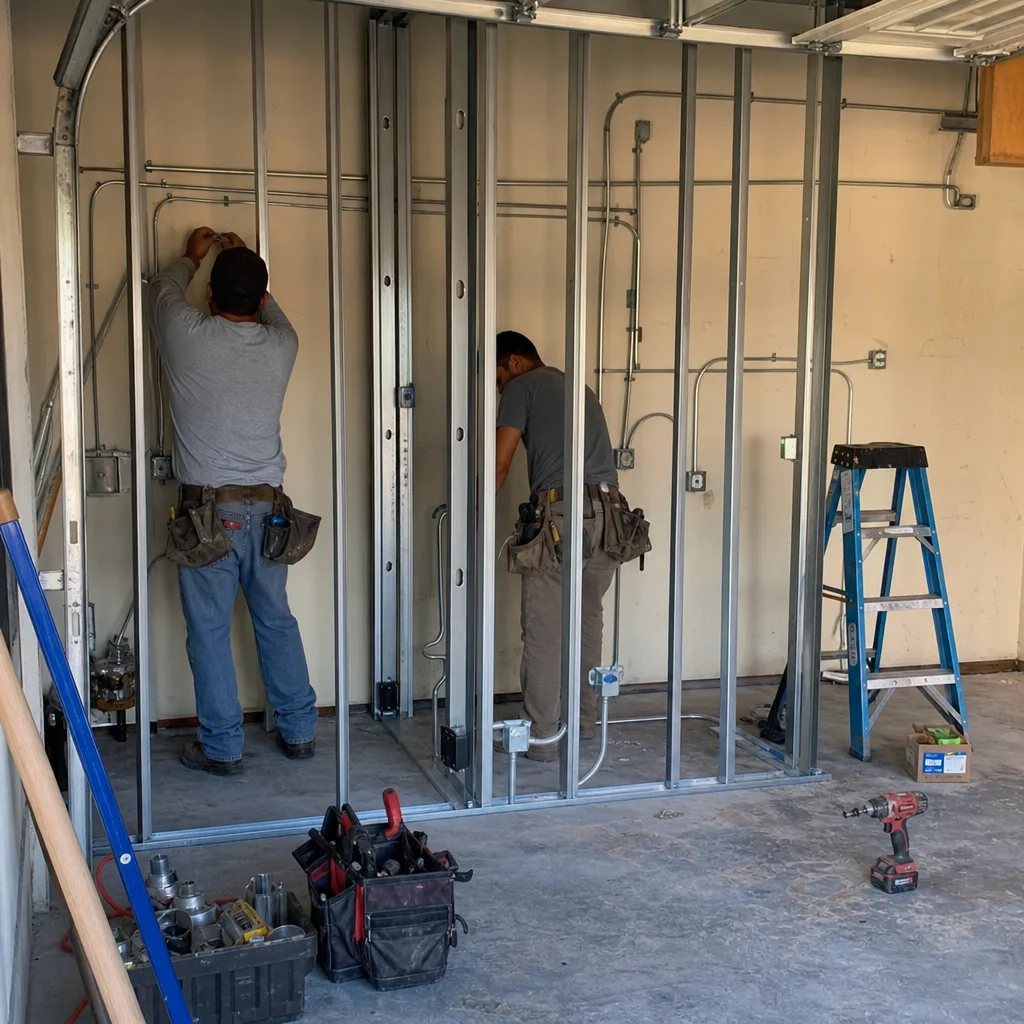 Contractors performing electrical and framing work for an ADU garage conversion