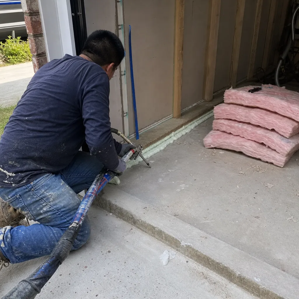 Contractor applying spray foam insulation during a professional garage conversion project.