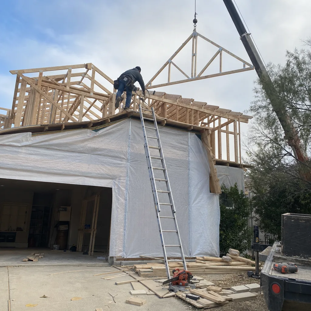 Contractor installing roof trusses on a residential home addition project
