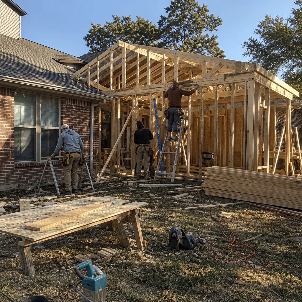 Contractors building a wooden home addition structure on a residential site