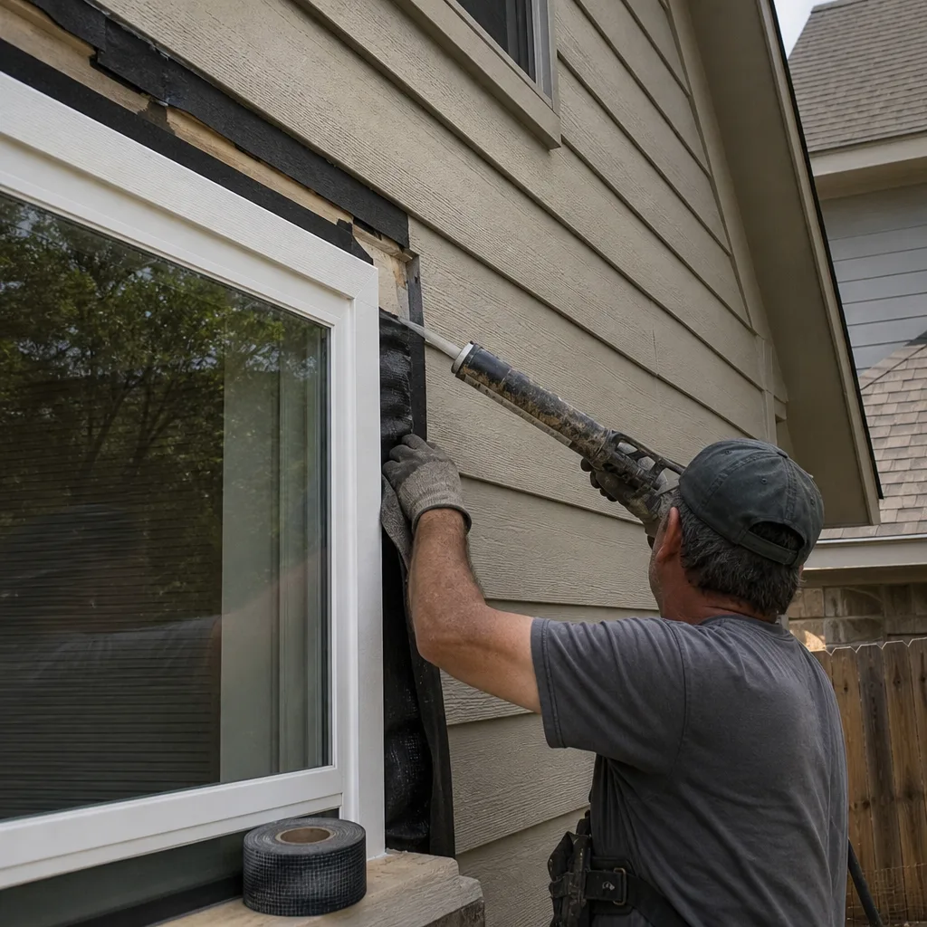 Contractor applying sealant to a newly installed window for home addition