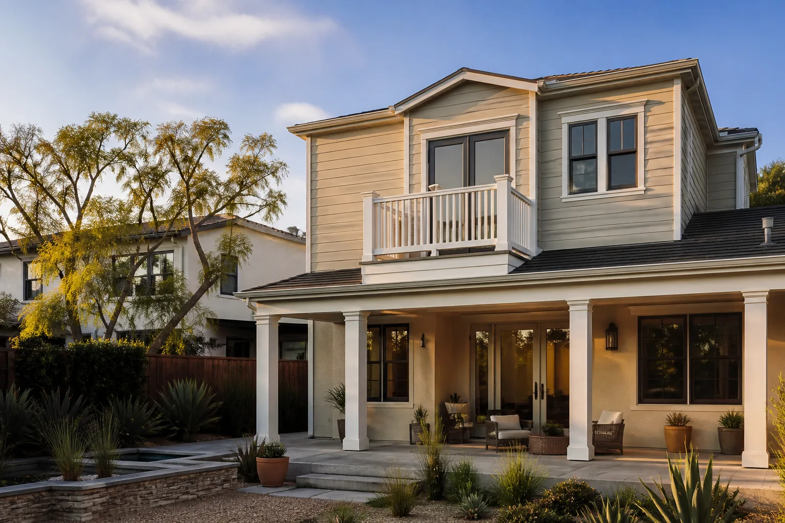 A second-story addition with a balcony, matched to the original house