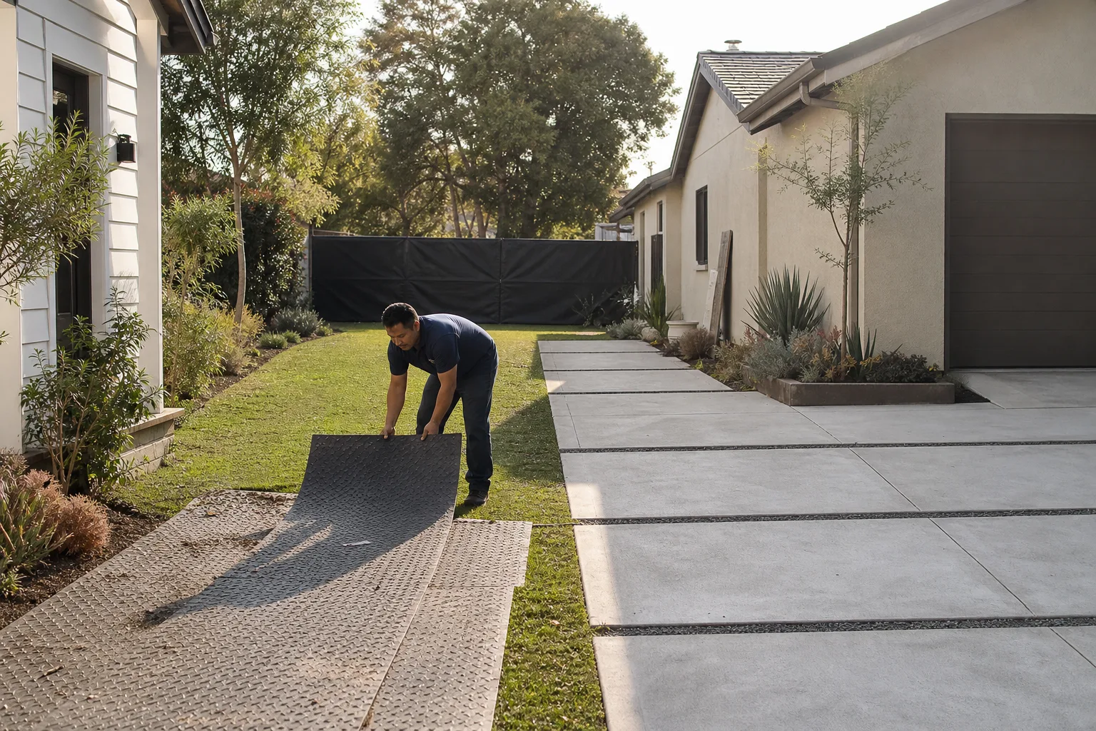 A worker protecting the lawn before an ADU build starts